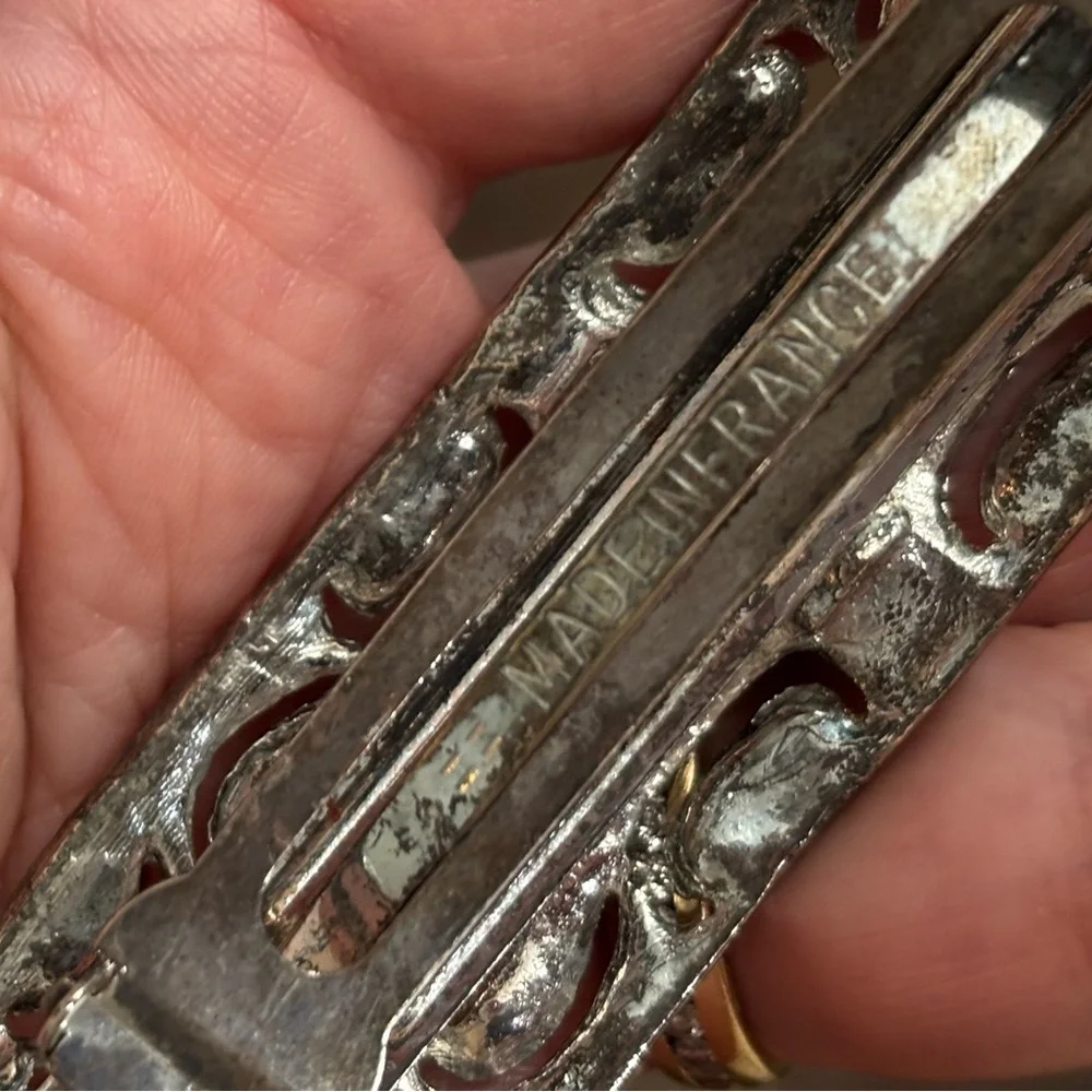 Vintage rhinestone crystal silver tone hair clip made in France
